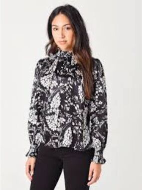 Hunter Bell New York 100% Silk Black White Floral Mock Neck Blouse Size Medium